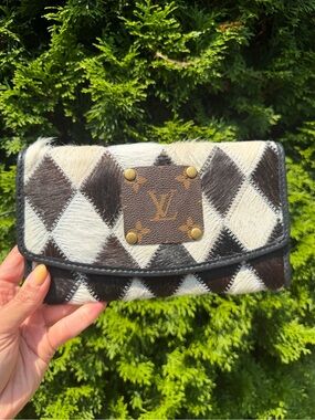 Upcycled Louis Vuitton Patch Black & White Diamond Cowhide Wallet